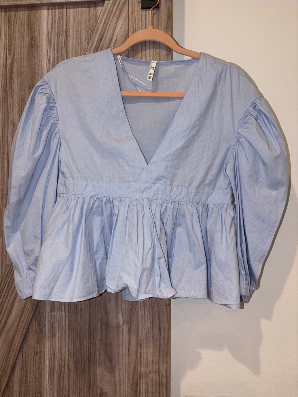 Zara Light Blue V-Neck Peplum Blouse with Puff Sleeves